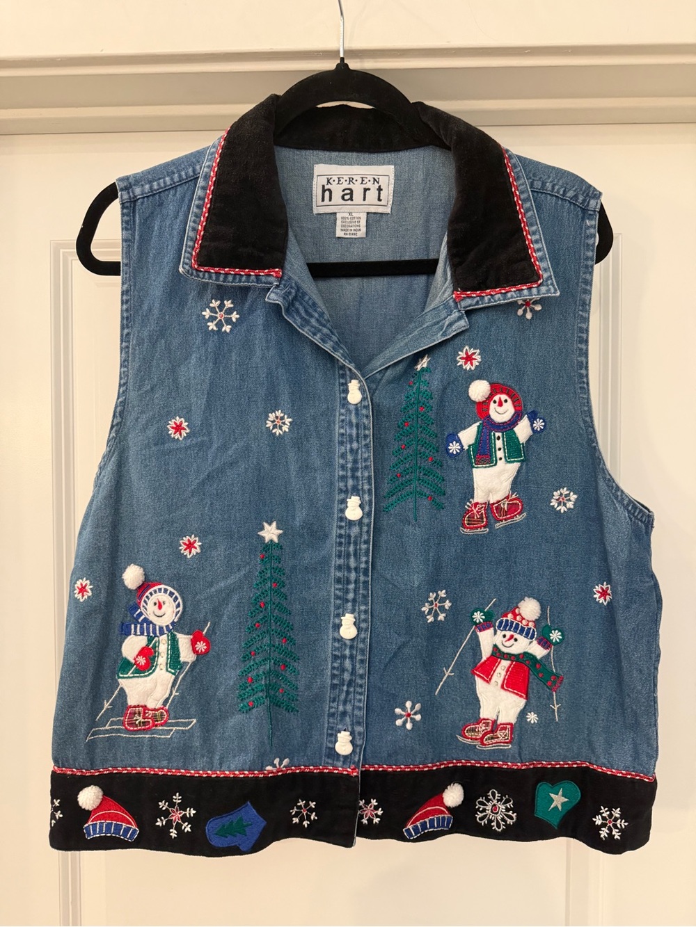 Keren Hart Christmas Denim Vest Size XL Medium Wash Snowman Holiday Vintage